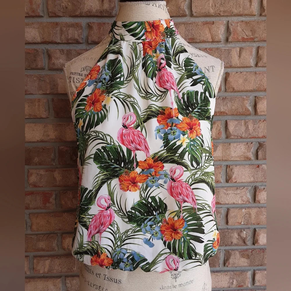 Rachel Zoe Floral Tropical Print Halter Style Top.